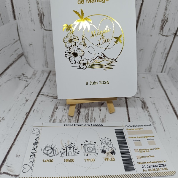 Faire part Passeport voyage papier blanc dorure or jaune motif personnalisable