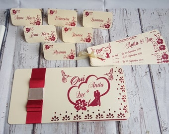 Faire part Mariage Antilles Hibiscus Colibri Amour Cœur bordeaux Ivoire personnalisable