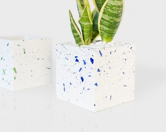 Terrazzo cube pot, White concrete terrazzo pot, Terrazzo pot white concrete with blue and green glass