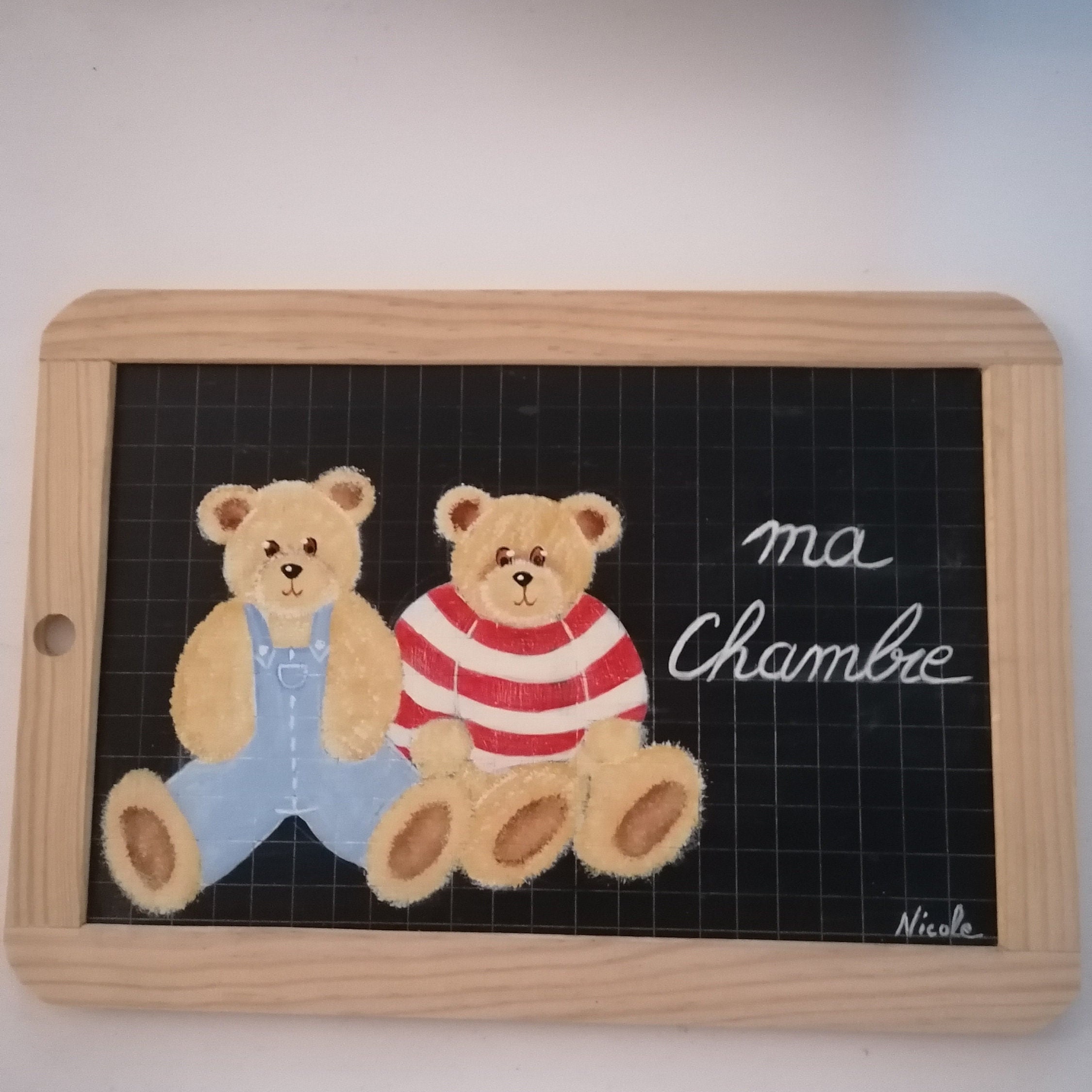Ardoise Peinte à La Main avec Deux Oursons, L' Acrylique, 26x18 cm.