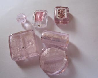 Pink Light set 6 silver foiled beads