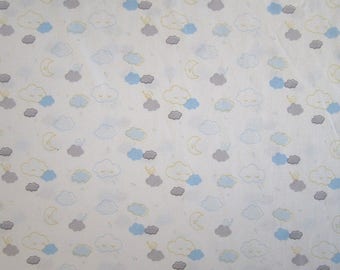 JERSEY de coton motif "NUAGES et LUNE " jaune, bleu et gris