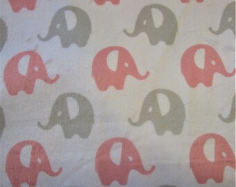 Fabric minkee velvet white print "ELEPHANT"