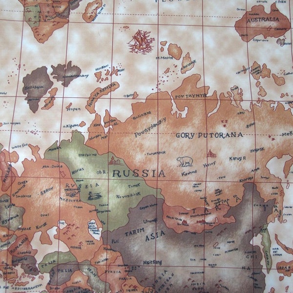 Tissus enduit pvc beige *waterproof* motif  "CARTE DU MONDE"