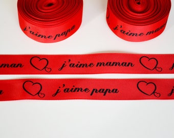 Ribbon grosgrain red "I love Daddy / I love Mommy" 25mm