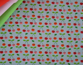 Red and pink "Cherries" pattern sky blue cotton JERSEY