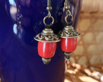 Japanese boho dangle earrings, Red beaded boho earrings, Vintage retro earrings