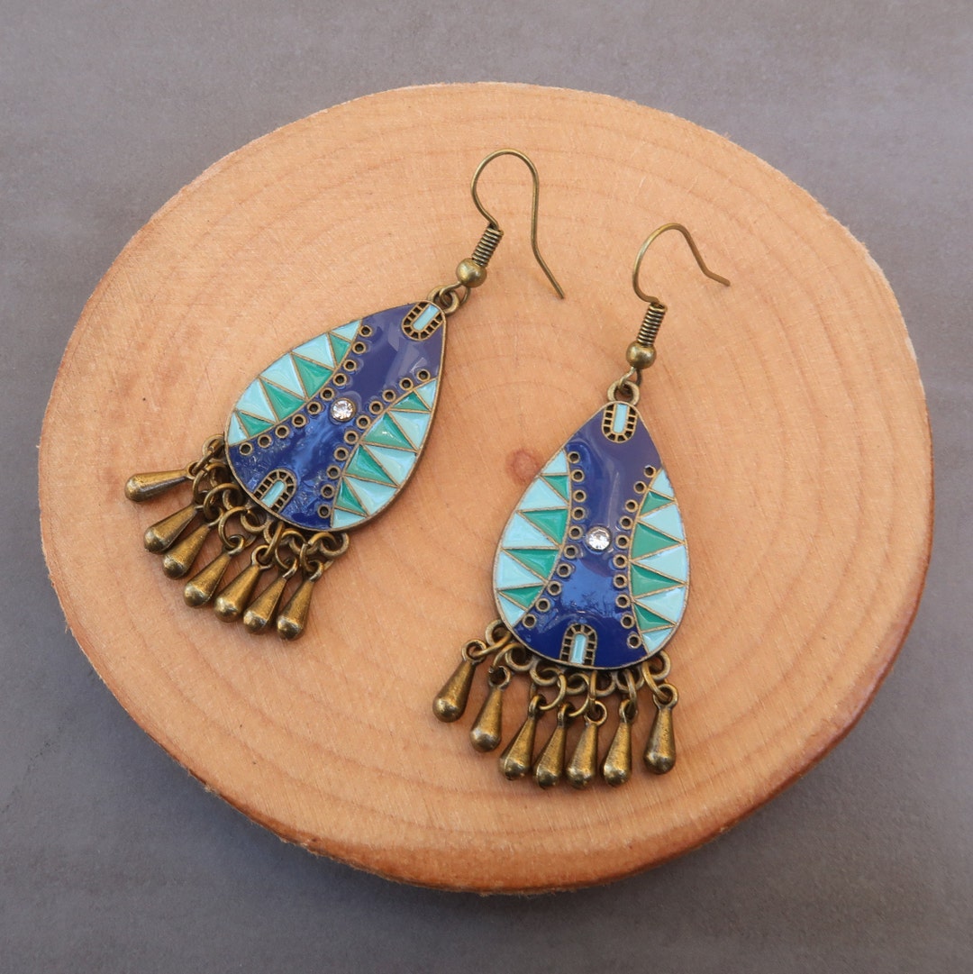 Boucles D'Oreilles Pendantes Opaline & Bleu – Fait Main En France – Métal Argenté – Dormeuses – Neuves Avec Étiquettes – Bijou Français