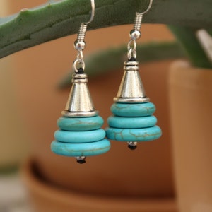 Ethnic earrings, Turquoise and silver dangling earrings, Turquoise boho jewelry, Original ethnic jewelry