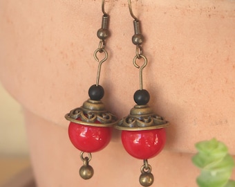 Bohemian red beaded bar dangle earrings Japanese style, Ethnic retro vintage red earrings jewelry