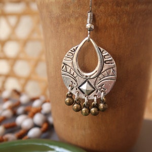 Ethnic boho hoop earrings, ethnic chandelier earrings, silver and bronze ethnic jewelry