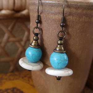 Ethnic dangling earrings, Turquoise and bronze earrings, Turquoise boho jewelry, Original ethnic jewelry