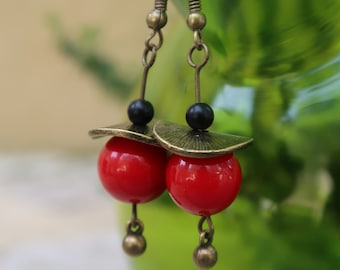 Bohemian Japanese Red Bead Dangle Earrings, Jewelry Retro Vintage Red Earrings