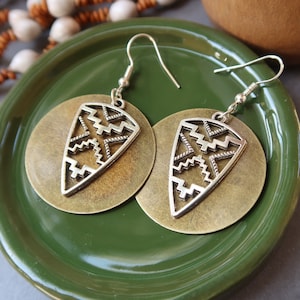 Bronze disc tribal earrings, Silver and bronze Berber ethnic pendant earrings, Tribal ethnic jewelry