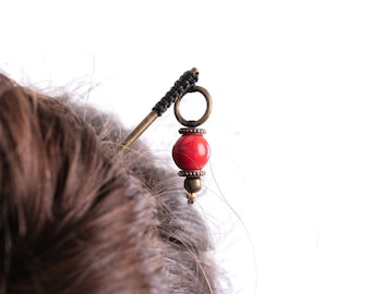 Asian hair stick with red pearl, red hair pin and bronze ring