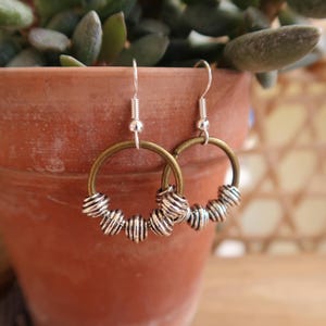 Boho hoop dangle earrings, Graphic hoop earrings and silver beads, Ethnic boho jewelry gift