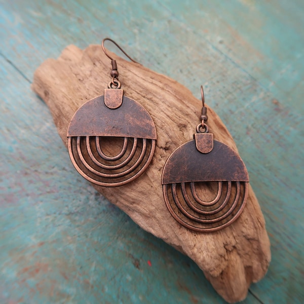 Geometrische bohemian ronde hoepel oorbellen van koper