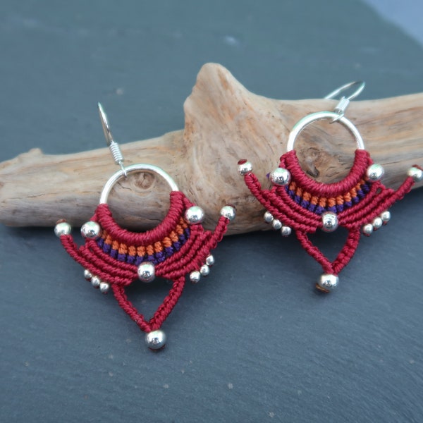 Handwoven ethnic earrings, Macrame silver hoop dangle earrings, Macrame ethnic festival jewelry