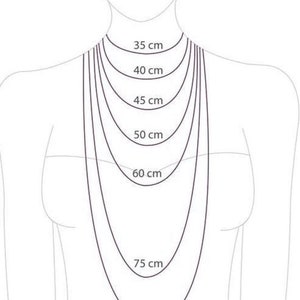 May include: Diagram showing different necklace lengths in centimeters, from 35 cm to 75 cm.