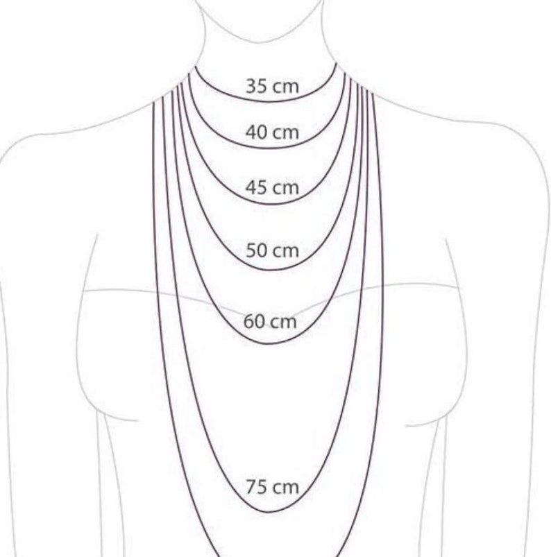 May include: Diagram showing different necklace lengths in centimeters, from 35 cm to 75 cm.