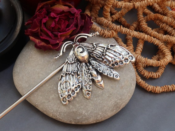 Silver Moth Hair Clip Moth, Moon Phases & Eye Silver Hair Clip main image 2