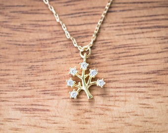 Gold Colored (Brass) Necklace with Dainty Tree with Diamonds Pendant - Minimal Jewellery