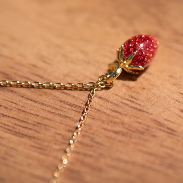 Gold Colored (Brass) Dainty Strawberry Necklace