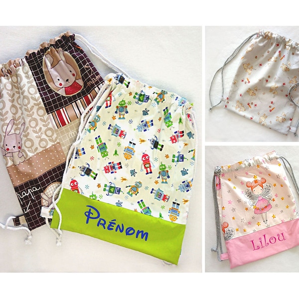 Sac à dos pochon enfant personnalisable / sac maternelle, crèche ou nounou / sac en tissu à cordon / sac à bretelles - Nombreux motifs
