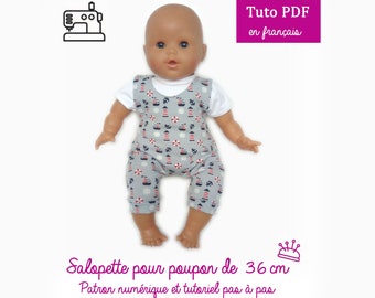 Patrón de costura y tutorial en PDF - Peto para muñeca bebé de 36 cm