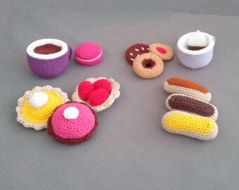 THE, CAFE et GOURMANDISES - Lot d'aliments pour dinette au crochet, jeu de la marchande, jouet type Montessori