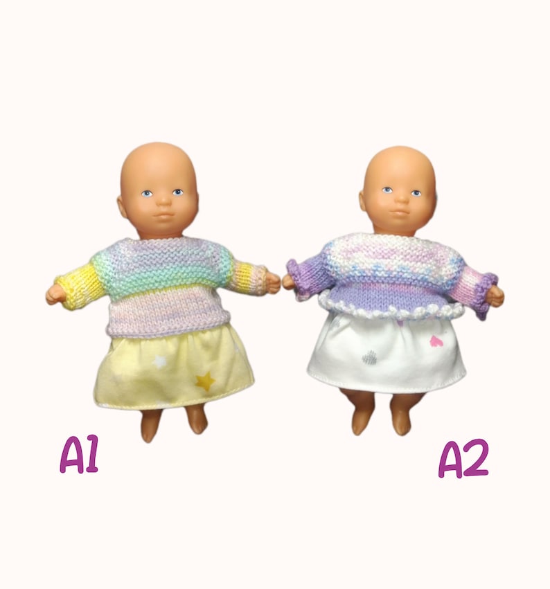 Kleidung für 20 cm große Corolle „Mini Calin“-Babypuppen: Kleidchen oder Pullover und Leggings-Set – Jersey und Wolle, verschiedene Farben Bild 2