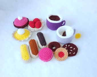 THE, CAFE et GOURMANDISES - Lot d'aliments pour dinette au crochet, jeu de la marchande, jouet type Montessori