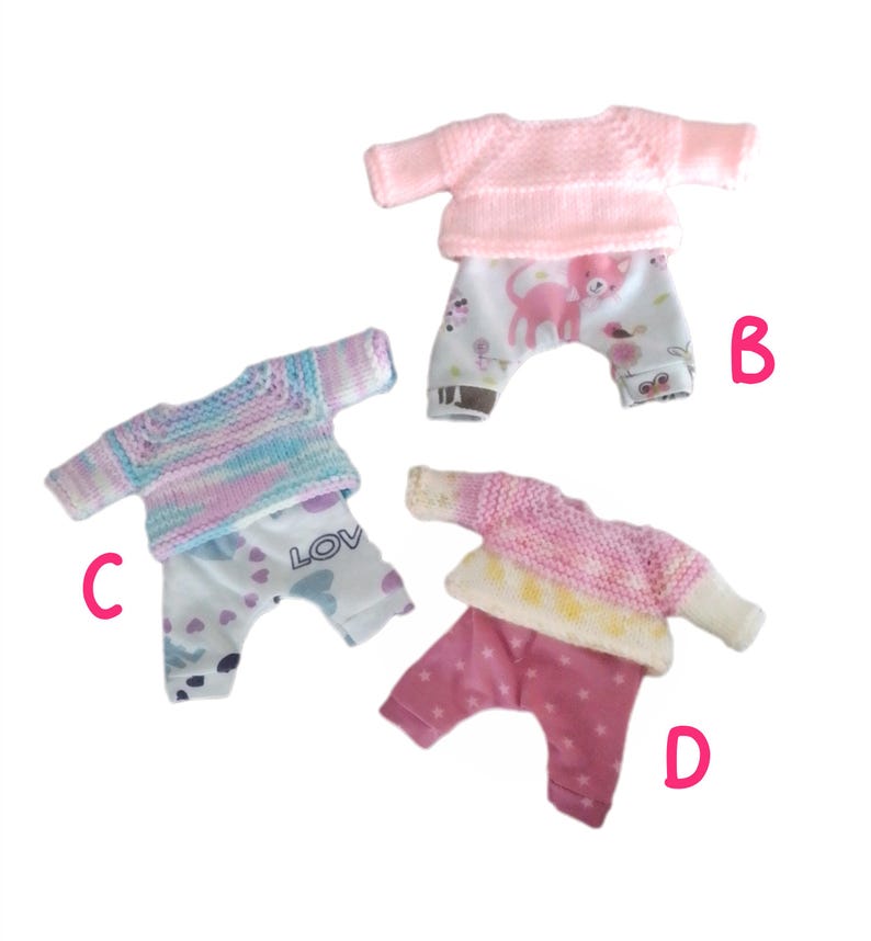 Kleidung für 20 cm große Corolle „Mini Calin“-Babypuppen: Kleidchen oder Pullover und Leggings-Set – Jersey und Wolle, verschiedene Farben Bild 3