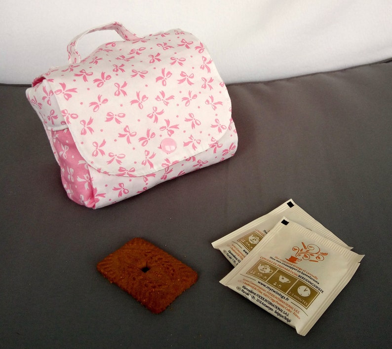 Mug bag, sac à mug, protège mug, protège tasse, thé-café, en coton et garnissage polyester Nœuds rose/blanc