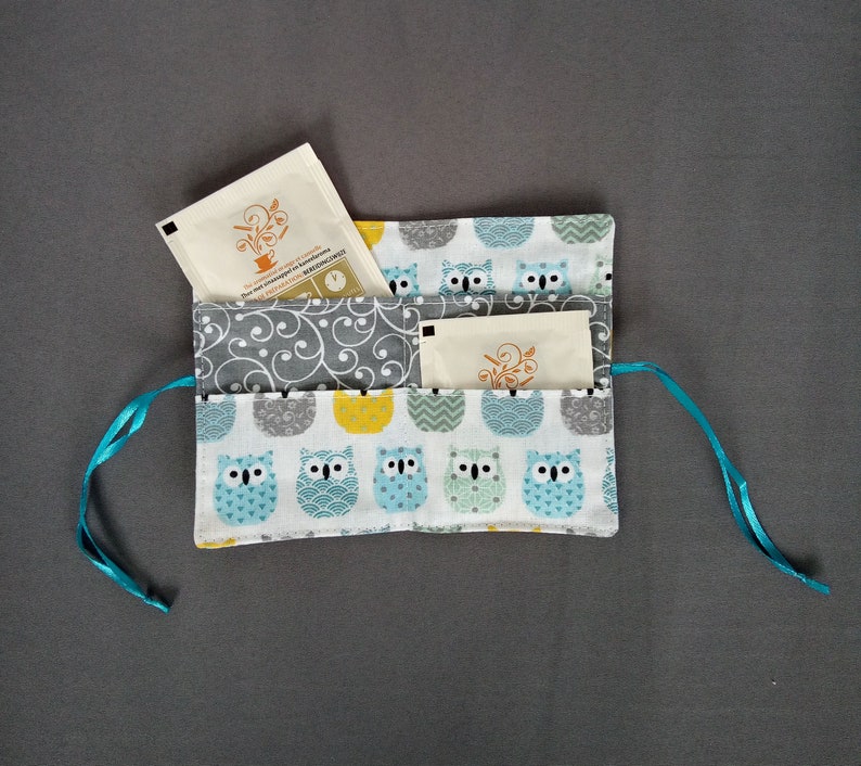 Portefeuille à sachet de thé, Pochette à sachet de thé ou de café Hibou jaune/bleu