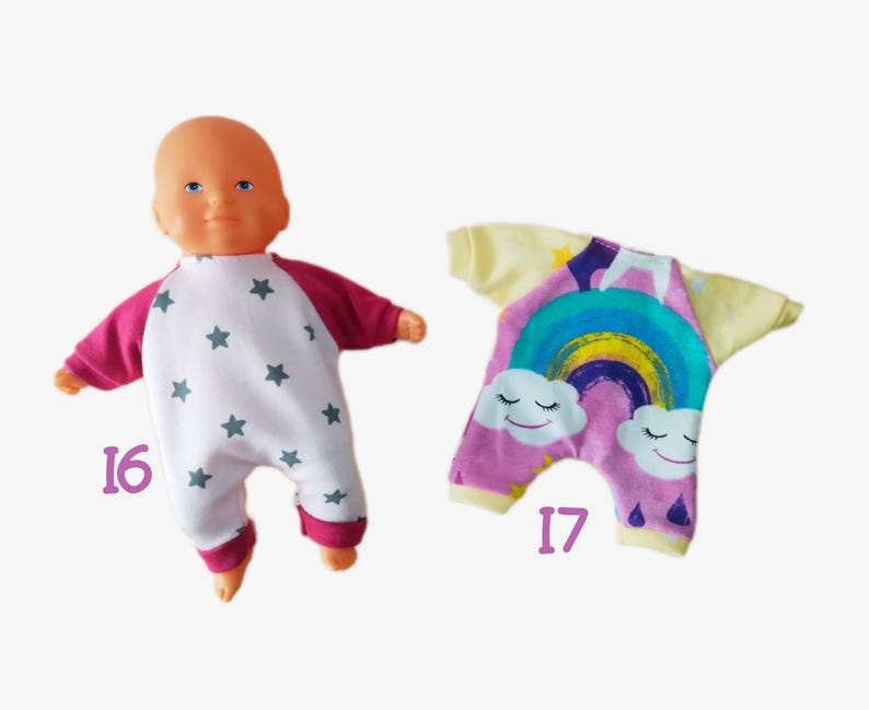 Kleidung für 20 cm große Corolle „Mini Calin“-Babypuppen: Kleidchen oder Pullover und Leggings-Set – Jersey und Wolle, verschiedene Farben Bild 8