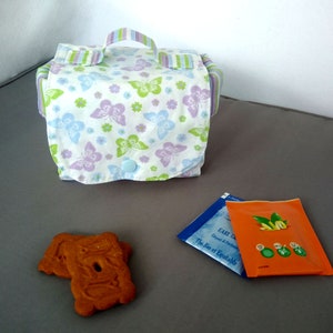 Mug bag, sac à mug, protège mug, protège tasse, thé-café, en coton et garnissage polyester Papillons mauve/vert