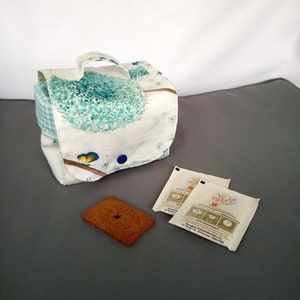 Mug bag, sac à mug, protège mug, protège tasse, thé-café, en coton et garnissage polyester Pissenlit bleu/vert