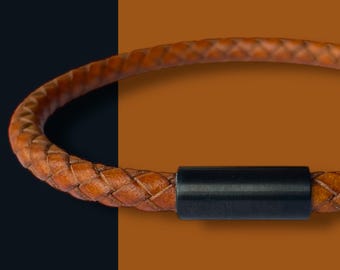 TAN LEATHER BRACELET | Black Steel Clasp | Genuine Braided Leather Bracelet | Leather Bracelet for Men | Leather Bracelet for Women
