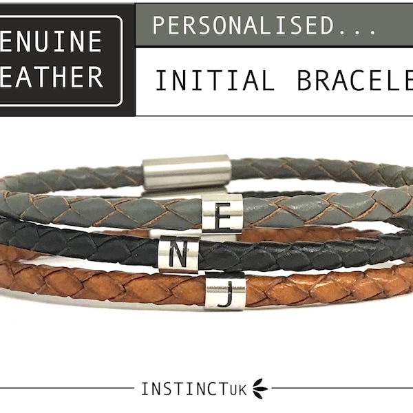 MENS LEATHER BRACELET | Initial Bracelet | Leather letter bracelet | Alphabet bracelet | Genuine Leather | 4mm leather band