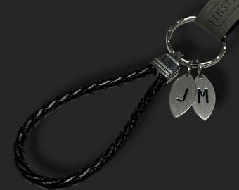 BLACK LEATHER KEYRING | Personalised keyring | Keychain - Key Fob | Custom Leather Keyring with Initial letter Charm | For Him | For Her