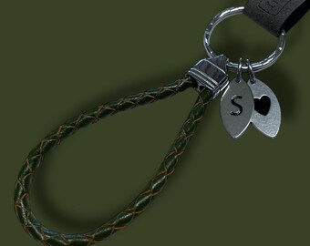 OLIVE LEATHER KEYRING | Personalised keyring | Keychain - Key Fob | Custom Leather Keyring with Initial letter Charm | For Him | For Her
