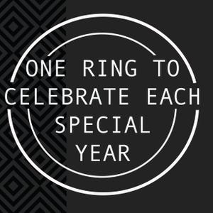 May include: A graphic design with the text "ONE RING TO CELEBRATE EACH SPECIAL YEAR" in white, set against a black background. The text is enclosed within a white circular frame, with a geometric pattern on the left side.