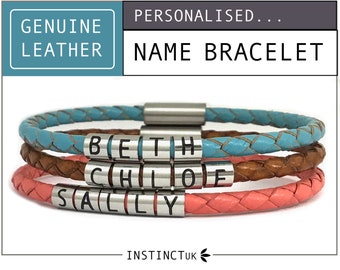WOMENS NAME BRACELET | Personalised Leather bracelet for women | Genuine Leather & Stainless Steel bracelets | 4mm leather band - Customise