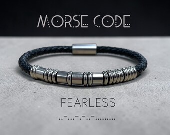 FEARLESS Morse Code Bracelet | Secret Message Leather Bracelet | Strength Mantra, Affirmation, Motivational gift, Bravery