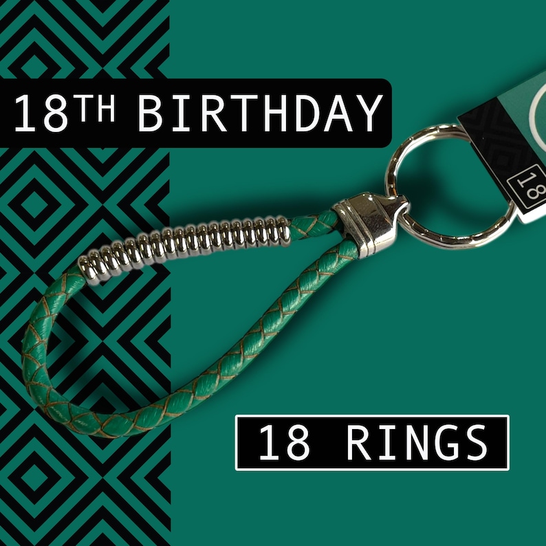 May include: A green leather keychain with a silver metal clasp and a coiled silver accent. The keychain is attached to a silver ring. The text "18TH BIRTHDAY" and "18 RINGS" are displayed on the image.