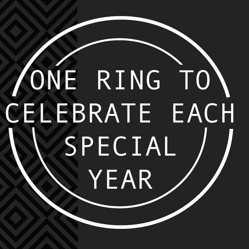 May include: A graphic design with the text "ONE RING TO CELEBRATE EACH SPECIAL YEAR" in white, set against a black background. The text is enclosed within a white circular frame, with a geometric pattern on the left side.