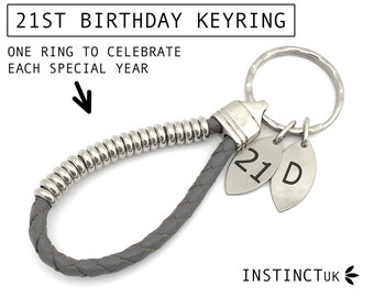 PERSONALISED LEATHER KEYRING | 21ST Birthday Gift | Custom Keychain with Initial Charm | Key Fob | For Him | For Her