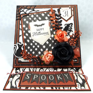 Carte Halloween 3D Spooky de couleur orange noir et blanc fait main, motif chauve souris chat noir et fantômes, 15x15 cm