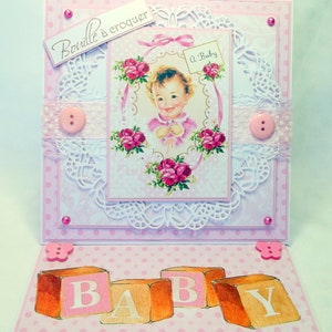 Handmade 3D birth card for girl in white and pink, baby motif, size 15x15 cm